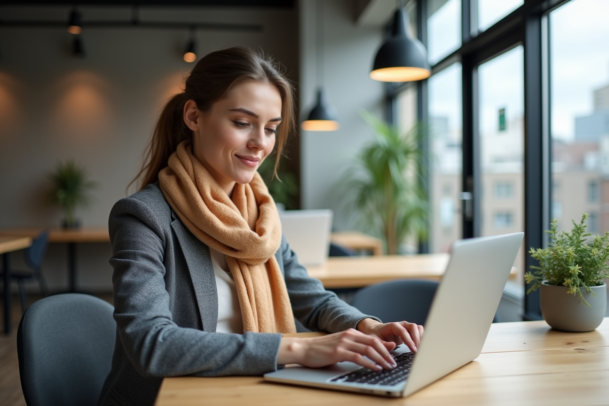 Jeune femme en tenue professionnelle travaillant sur un ordinateur dans un espace coworking