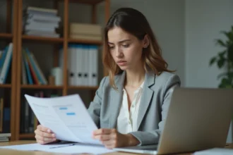 Jeune femme consultant ses documents administratifs pour une inscription à Pôle emploi à domicile