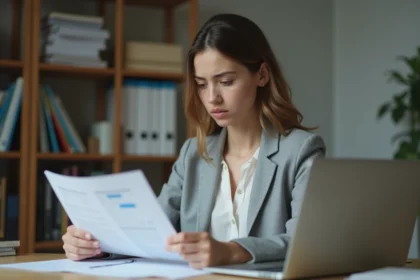 Jeune femme consultant ses documents administratifs pour une inscription à Pôle emploi à domicile