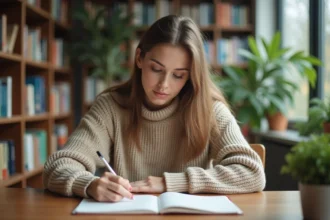 Jeune femme écrivant dans un carnet à la bibliothèque