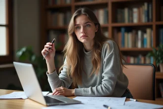 Jeune femme concentrée en étude dans une bibliothèque universitaire