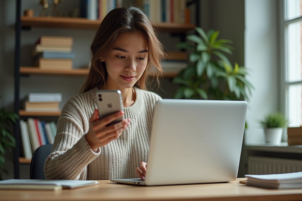 Jeune femme en étude avec ordinateur et smartphone