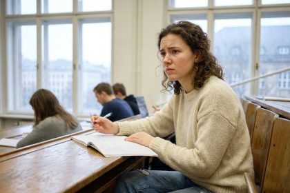 Jeune femme concentrée en classe avec notebook