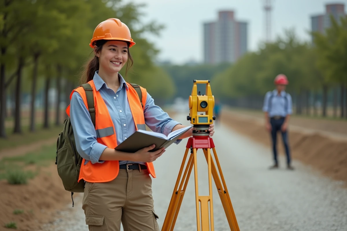 Jeune femme geometre souriante sur un chantier en plein air