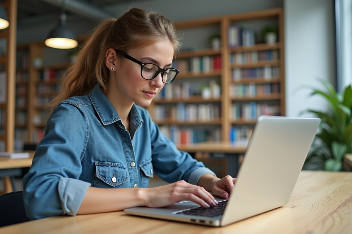 Jeune femme en denim travaillant sur un ordinateur portable dans un espace de coworking