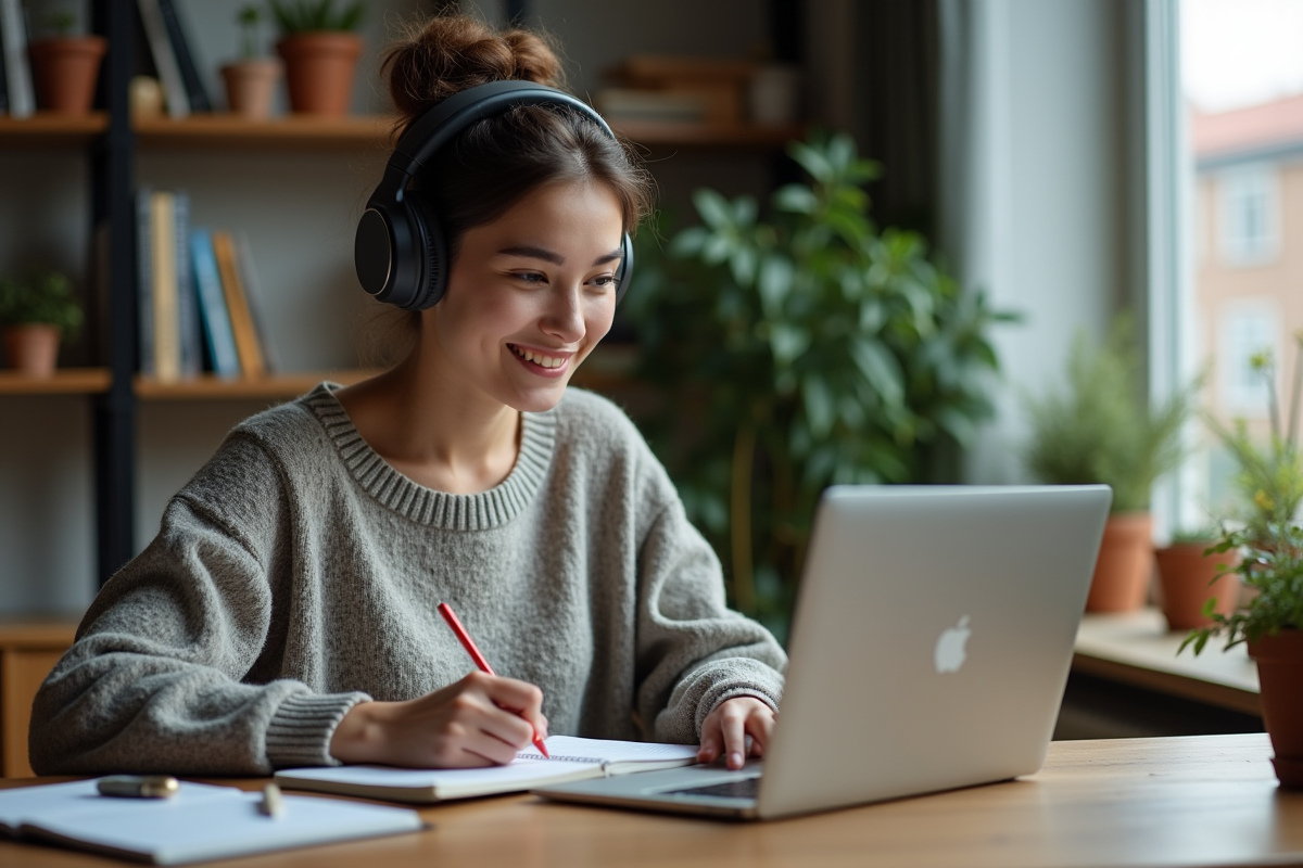 Jeune femme en écouteurs regardant un cours en ligne