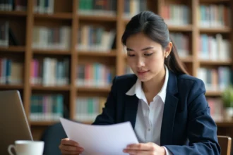 Jeune femme relisant sa lettre de motivation pour une alternance à la bibliothèque universitaire