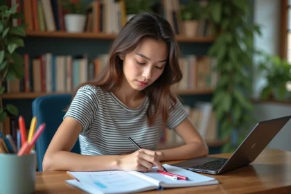 Jeune femme organise ses notes de logique dans un bureau cosy