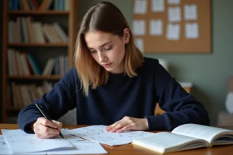 Jeune femme concentrée à écrire dans une étude organisée