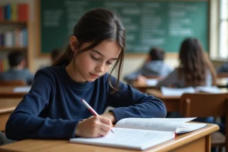 Jeune fille concentrée en classe avec notes de grammaire française