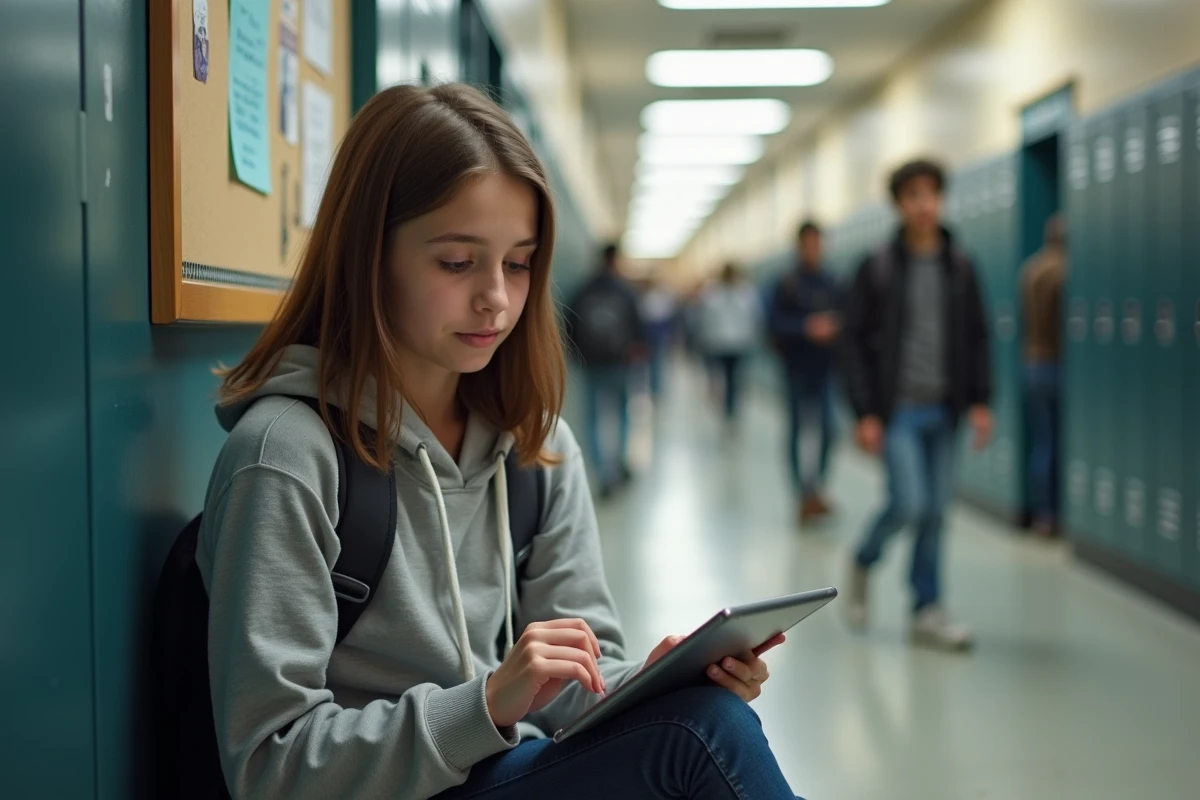 Adolescente dans le couloir du lycée utilisant une tablette