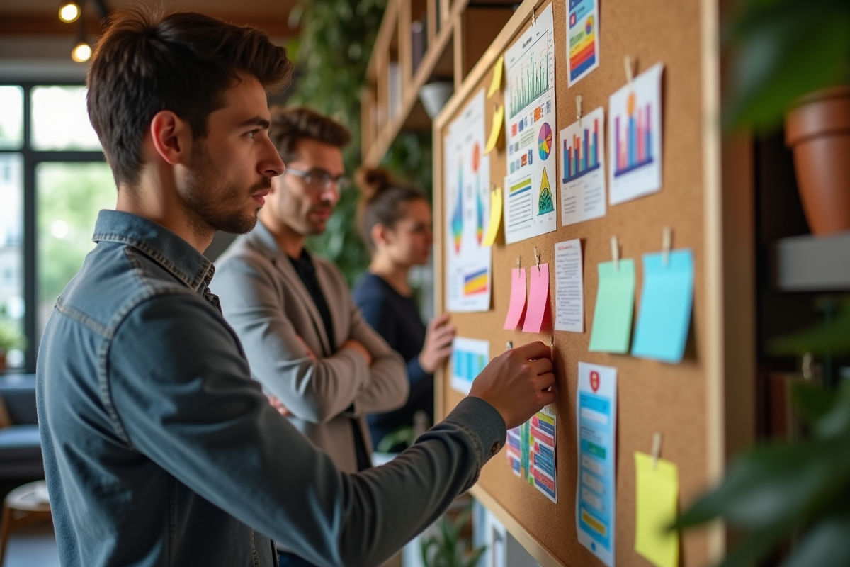 Jeune homme pinçant infographies dans un espace créatif