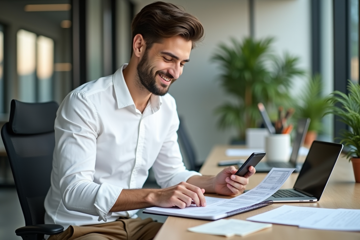 Jeune homme organisant ses finances au bureau