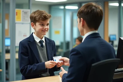 Jeune lycéen remettant sa carte étudiant à un agent