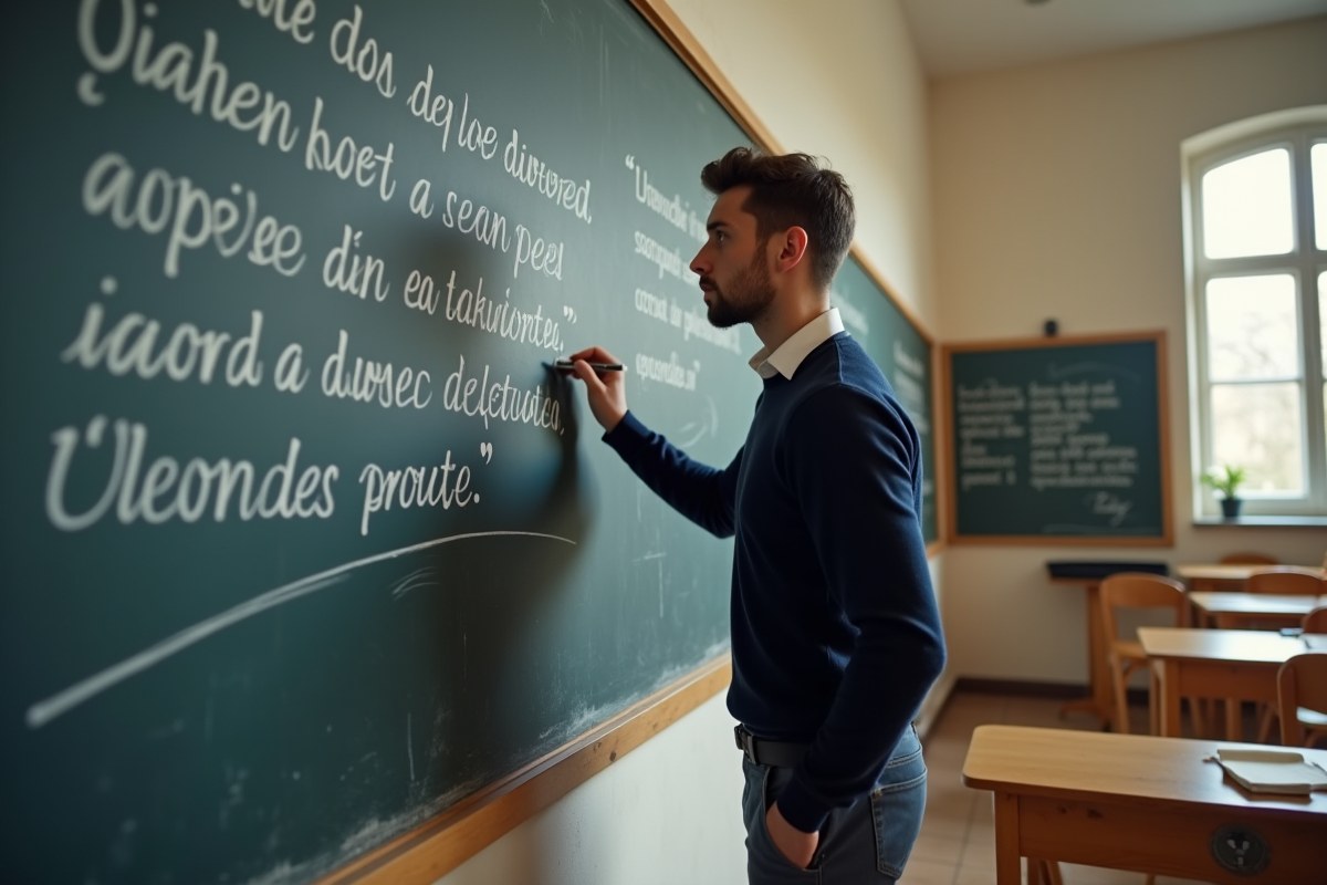 Jeune homme écrivant des citations sur un tableau noir en classe