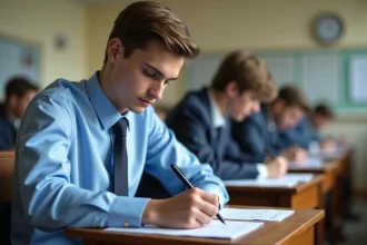 Jeune homme en examen dans une salle studieuse