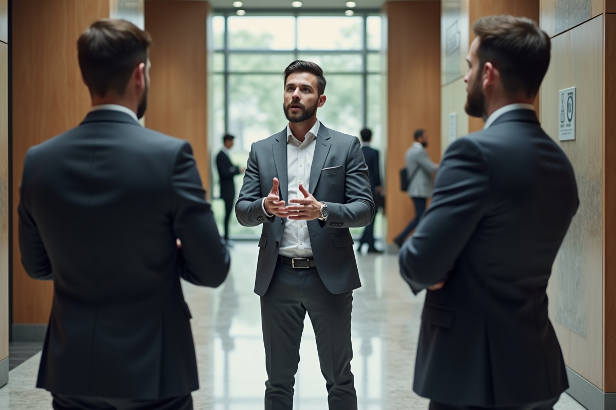 Jeune homme en présentation elevator pitch avec collègues