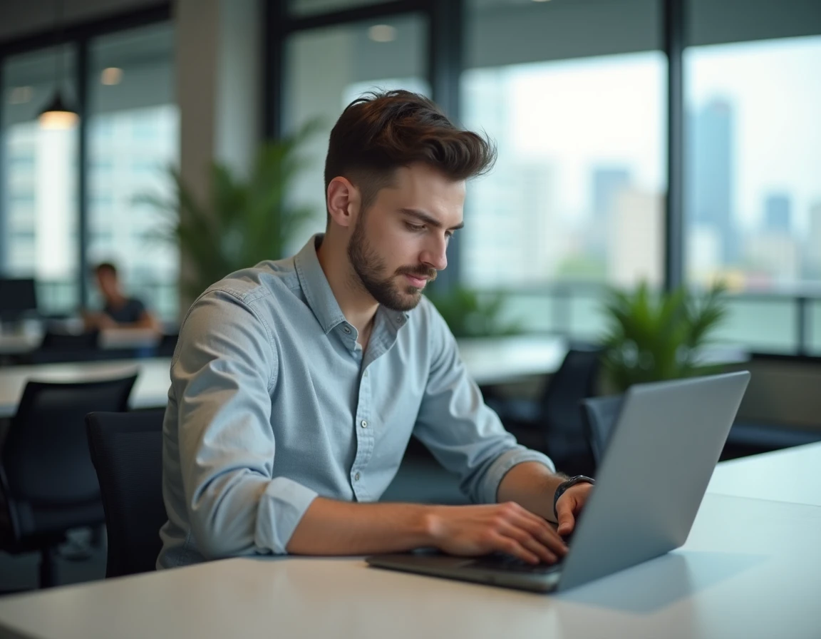 Jeune homme rédigeant une lettre de motivation pour alternance dans un espace de coworking moderne