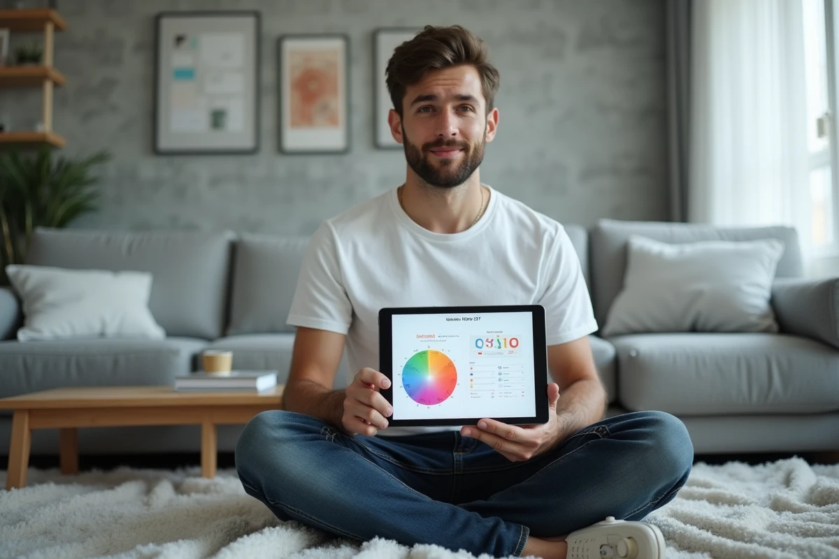 Jeune homme découvrant son score de QI sur une tablette dans un salon minimaliste