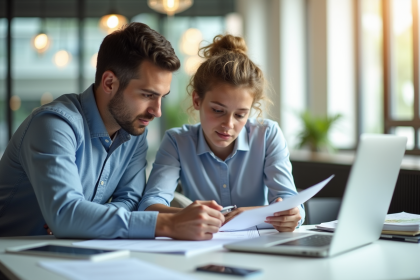 Jeune stagiaire et mentor dans un bureau moderne discutant