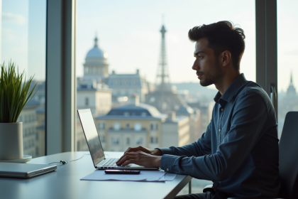 Jeune professionnel travaillant sur un ordinateur dans un bureau lumineux à Paris