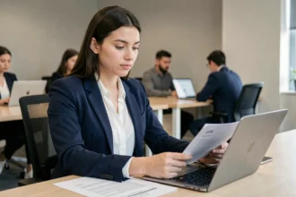 Jeune femme professionnelle révisant son CV avec sa plateforme d'apprentissage en ligne dans un bureau moderne