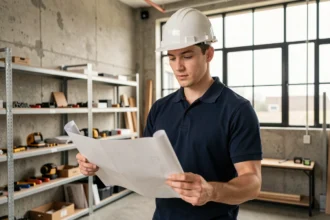 Jeune stagiaire BTP en formation pratique consultant un plan de construction dans un centre de formation professionnelle