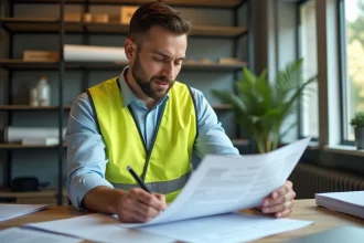 Jeune homme surveyor au bureau examine un contrat