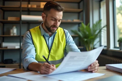 Jeune homme surveyor au bureau examine un contrat