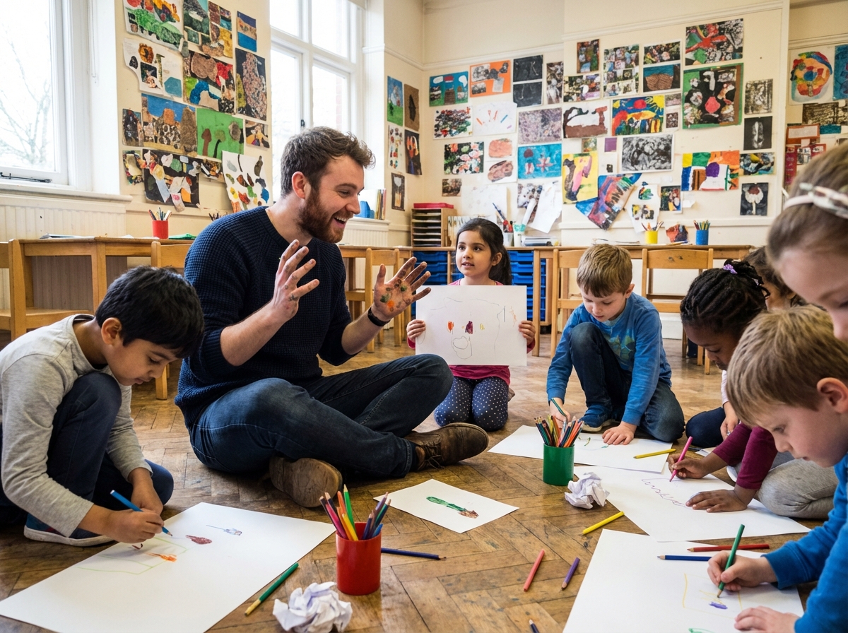 Jeune thérapeute avec enfants dessinant ensemble