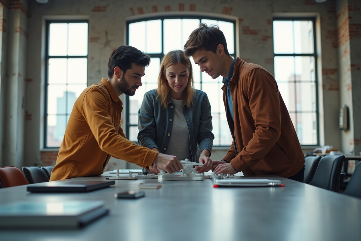 Groupe d inventeurs jeunes examinant un prototype 3D