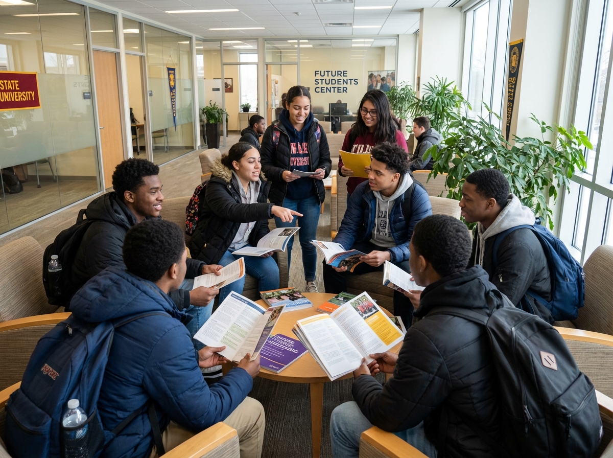 Groupe de lycéens discutant dans un bureau universitaire