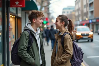 Deux adolescents discutant près d'un arrêt de bus en ville