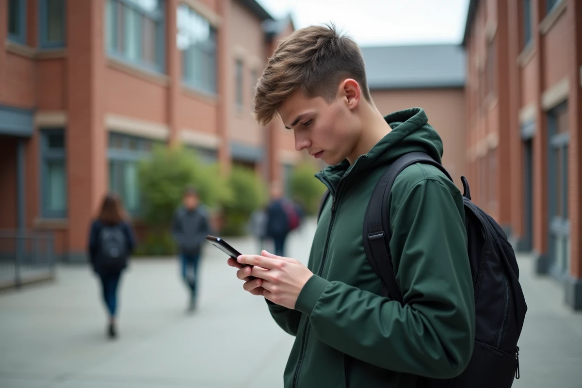 Lycéen consultant les notifications ENT dans la cour de récréation de son lycée