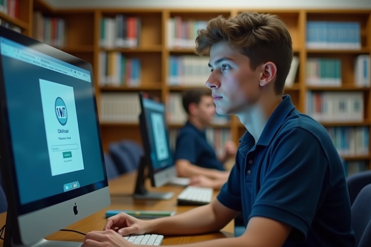 Lycéen en bibliothèque scolaire essayant de réinitialiser son mot de passe ENT eschool sur un ordinateur de bureau