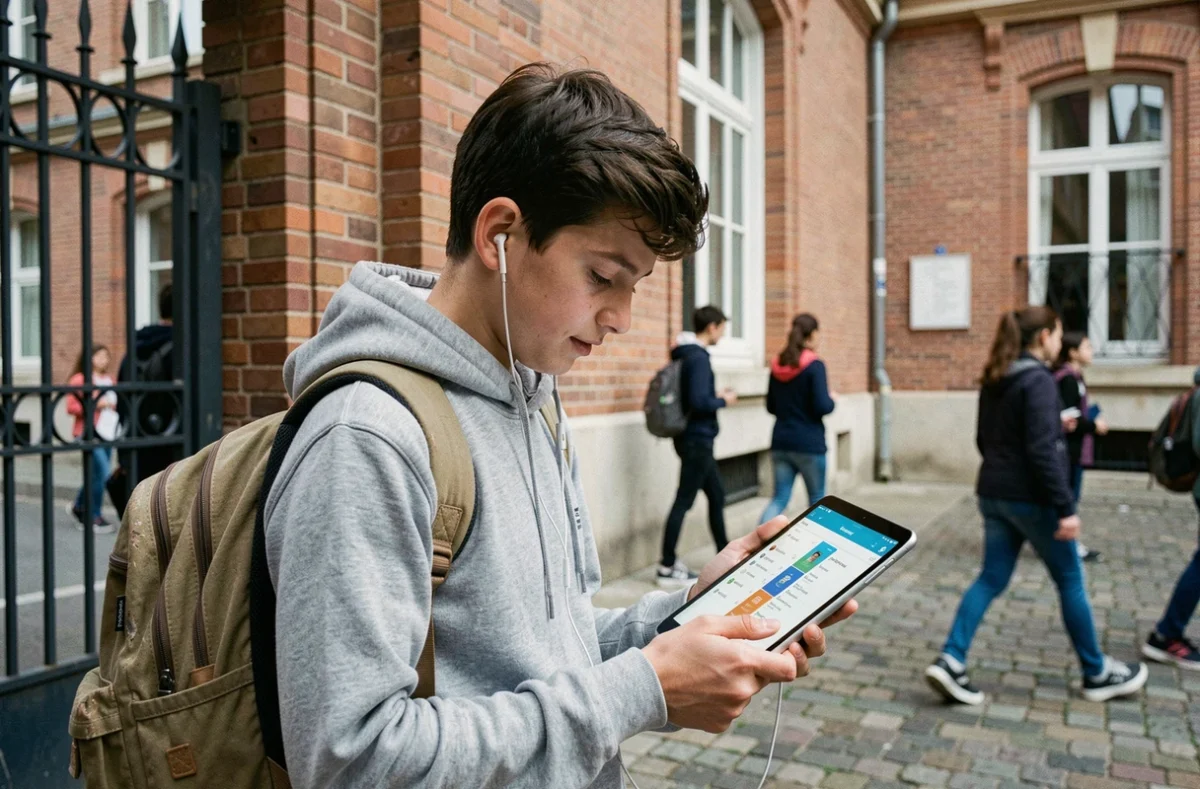 Lycéen consultant la plateforme Paris Classe Numérique sur une tablette devant son établissement scolaire parisien