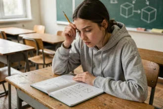 Jeune lycéenne concentrée sur des formules mathématiques de volume de cube dans un cahier, en salle de classe