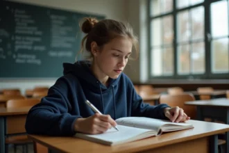 Lycéenne prenant des notes dans un manuel de philosophie en classe, préparant le bac 2026 avec la réforme du contrôle continu