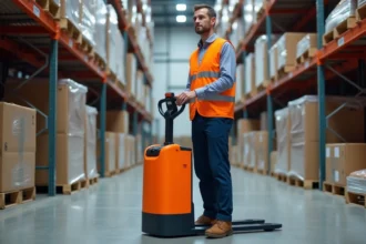 Manutentionnaire opérant un chariot élévateur CACES 1 dans un entrepôt logistique moderne avec rayonnages métalliques