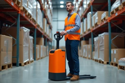 Manutentionnaire opérant un chariot élévateur CACES 1 dans un entrepôt logistique moderne avec rayonnages métalliques