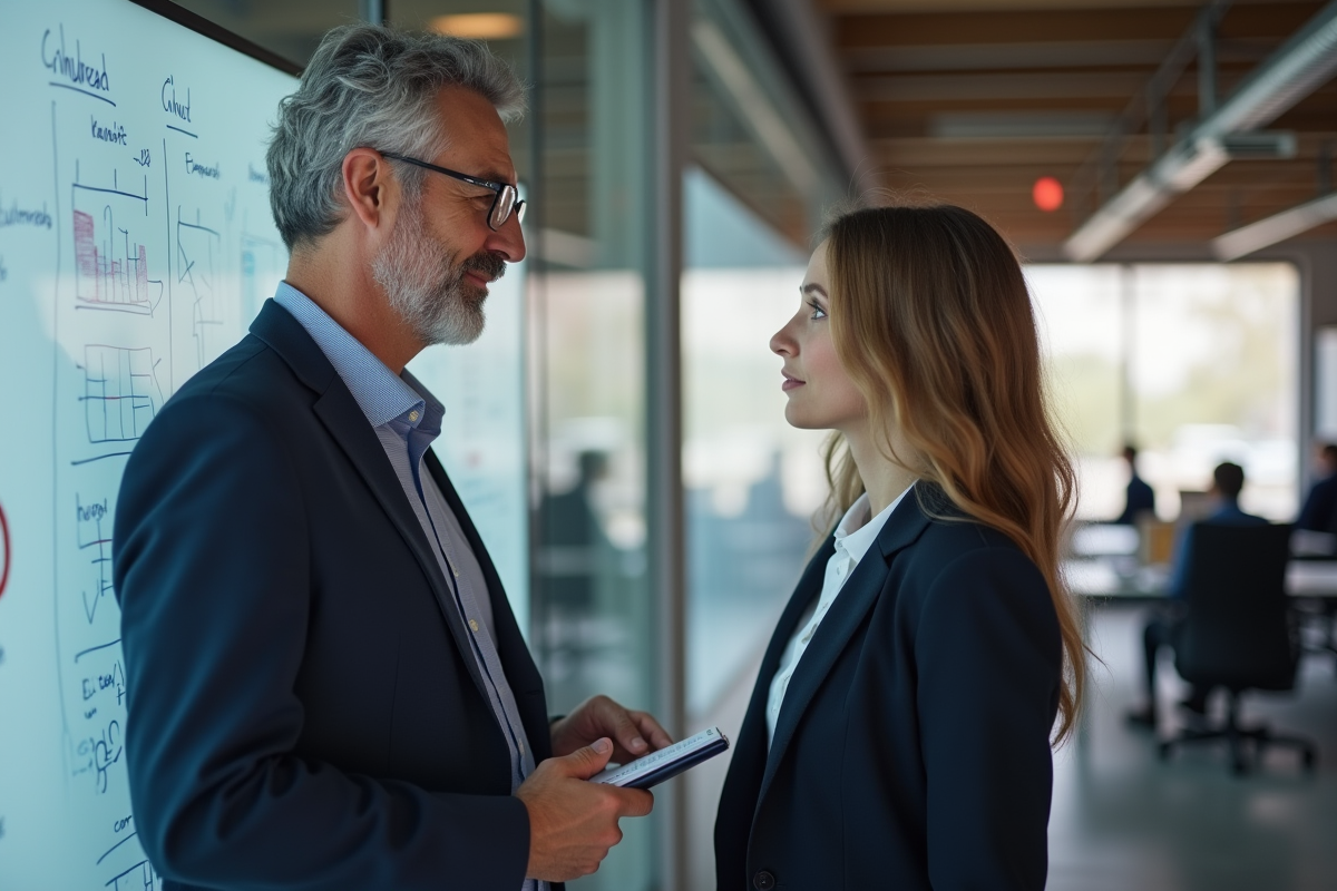 Manager mentorant une jeune collègue dans un espace de travail