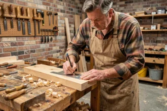 Menuisier professionnel mesurant une planche en chêne dans son atelier de bricolage avec outils traditionnels