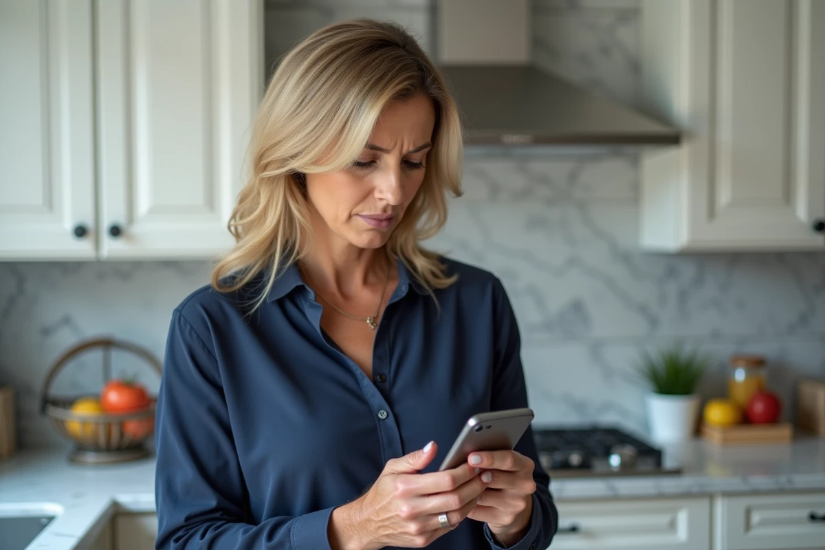 Mère consultant les alertes ENT Aisne NEO sur son smartphone dans la cuisine