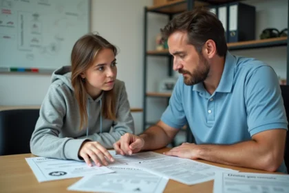 Moniteur d'auto-école expliquant les questions du code de la route à une élève sur des fiches imprimées dans un bureau de l'auto-école