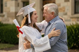Oncle fier félicitant sa nièce diplômée du bac devant une université