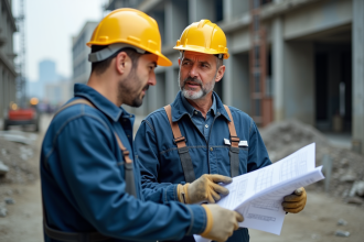 Ouvrier en casque jaune et salopette bleue sur site urbain
