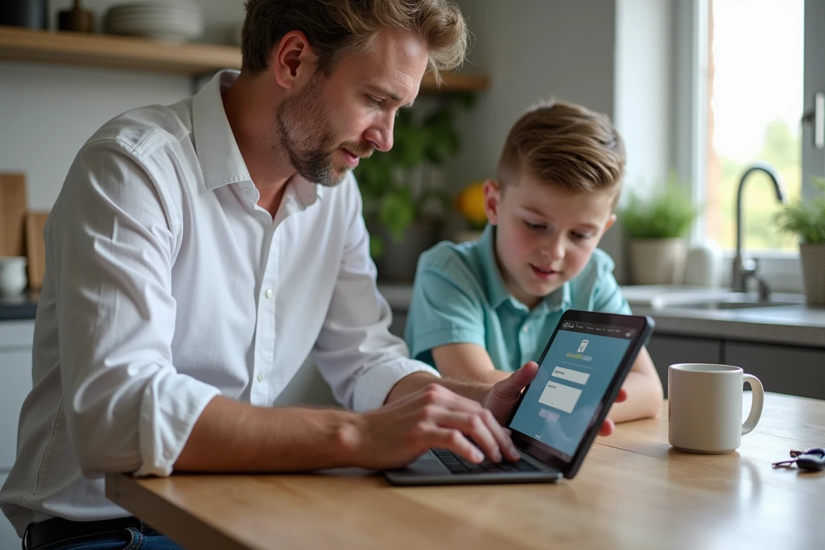 Parent aidant son enfant à retrouver le mot de passe de l'ENT eschool sur une tablette dans une cuisine familiale