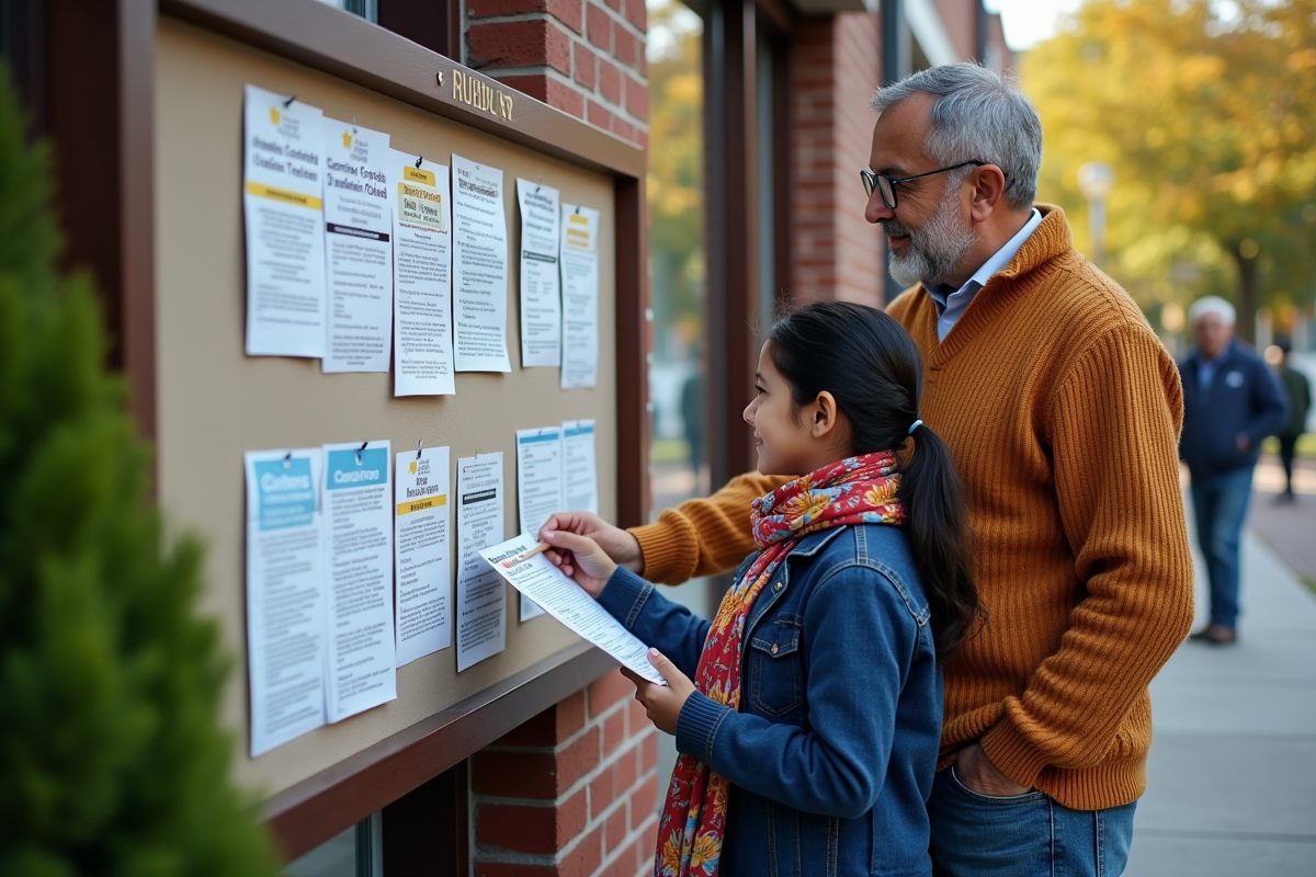 Père et fille regardant des flyers devant un centre communautaire