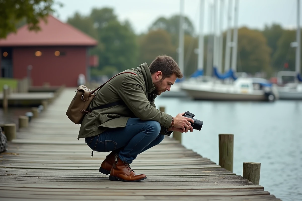 Photographe masculin accroupi sur un ponton de la Charles River Basin près du MIT Sailing Pavilion à Cambridge