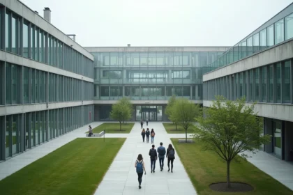 Vue extérieure du plus grand lycée de France en 2026, campus moderne avec architecture contemporaine et nombreux bâtiments